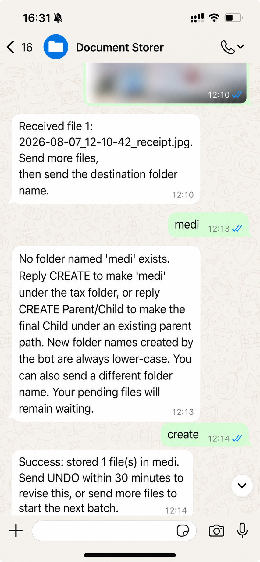 A real conversation showing the bot creating a missing folder