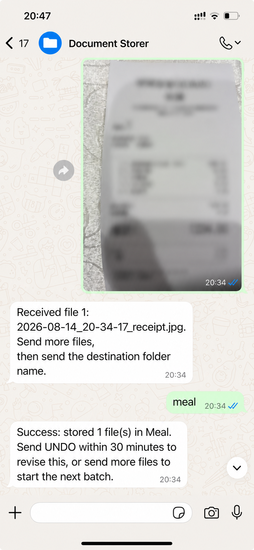 A real receipt-storage conversation with private details blurred
